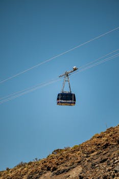 A high-altitude cable car traveling down a rocky hillside under a clear blue sky.