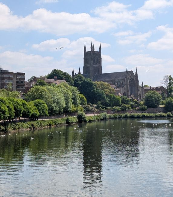 Iconic view of Worcester Cathedral alongside the River Severn under a clear blue sky