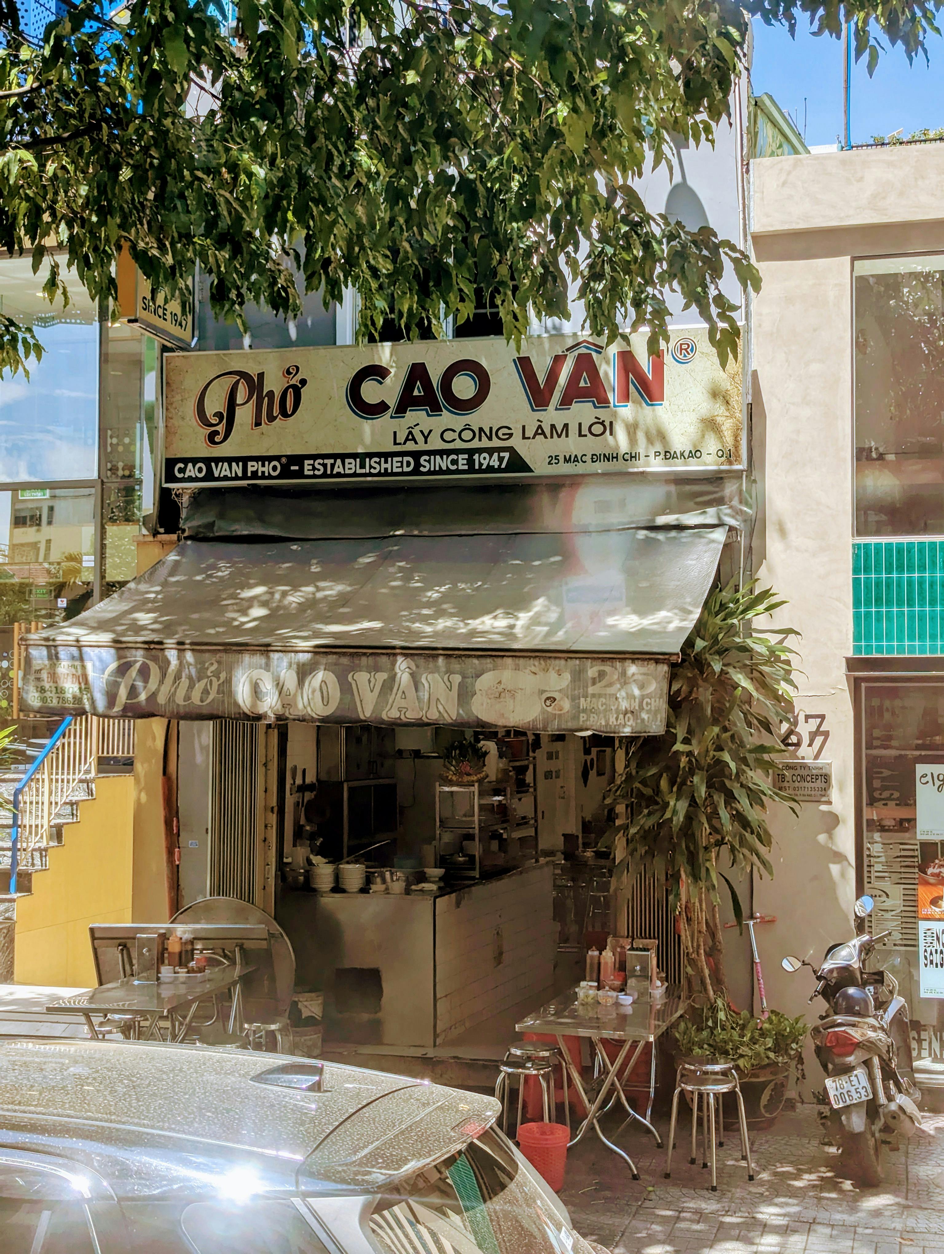 Street view of Pho Cao Van, a traditional Vietnamese pho restaurant established since 1947