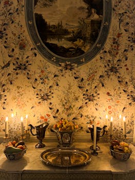 A vintage dining setup with candlesticks and fruit bowls in a room featuring classic floral wallpaper under warm candlelight.