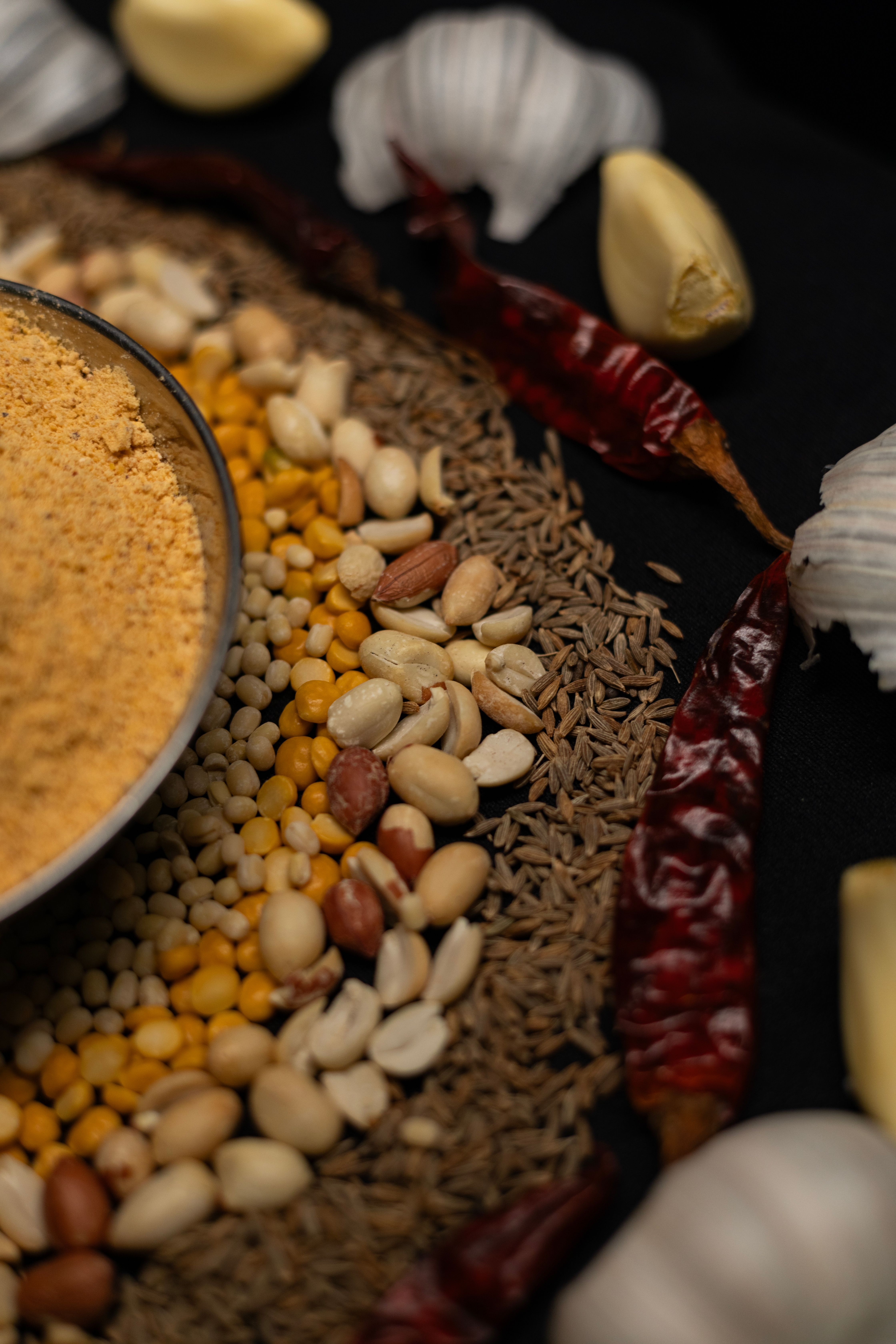 Close-up of Indian spices and lentils arranged with garlic and dried chili peppers.