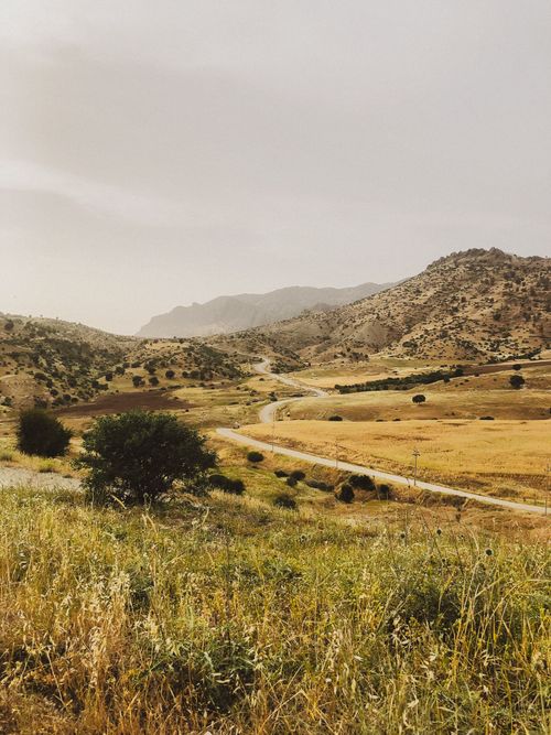 Free Scenic view of a winding country road through a mountainous desert landscape with dry grass and scattered trees. Stock Photo