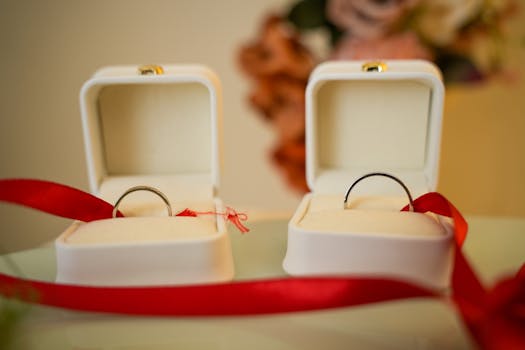 Two wedding rings displayed in open white velvet boxes with red ribbon accents.