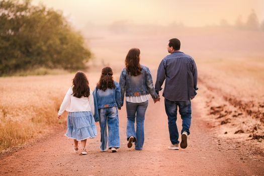 A family of four walks hand in hand on a rural country road, captured in the warm glow of sunset.