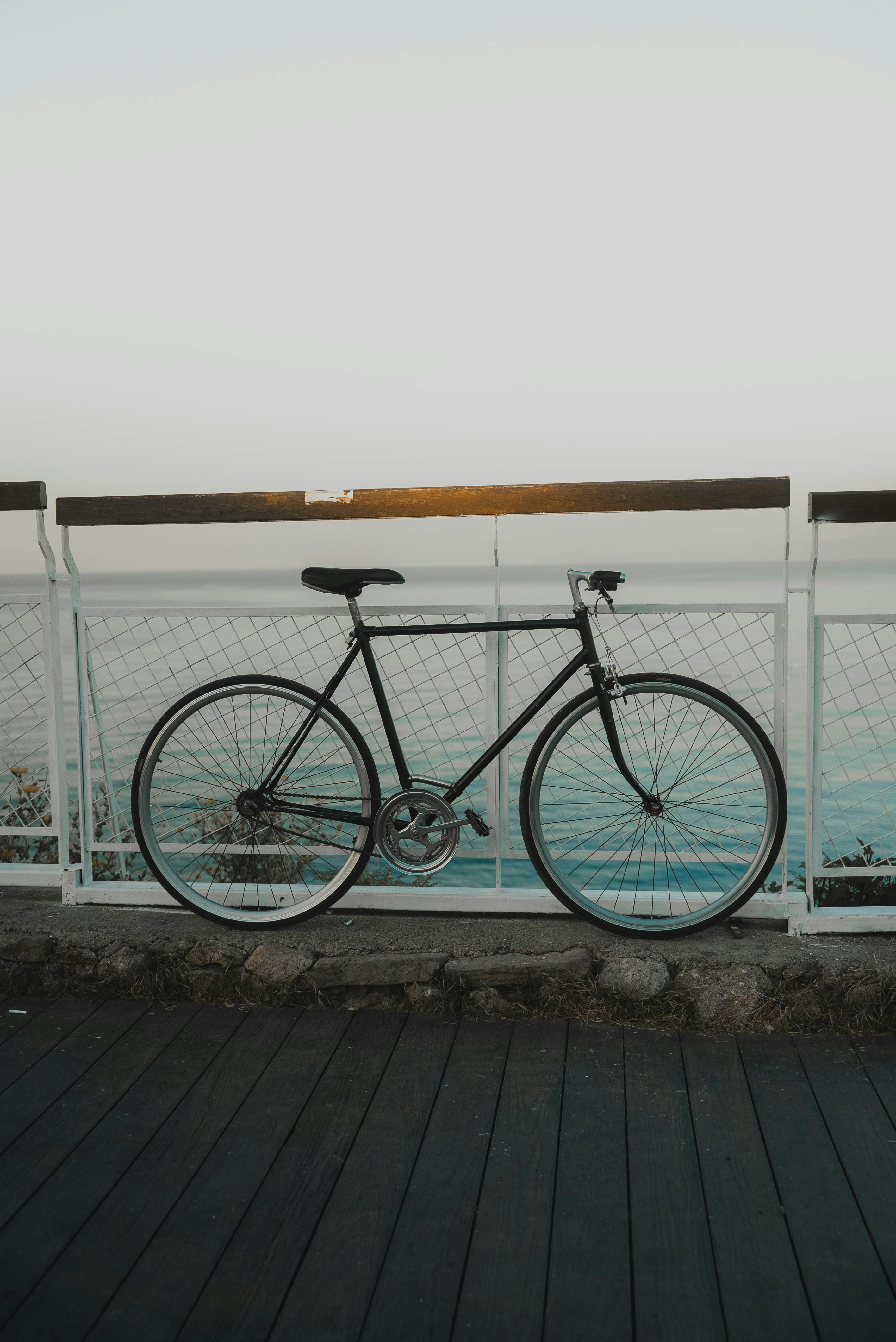 Free A vintage bicycle rests against white railings overlooking the sea, captured at twilight. Stock Photo