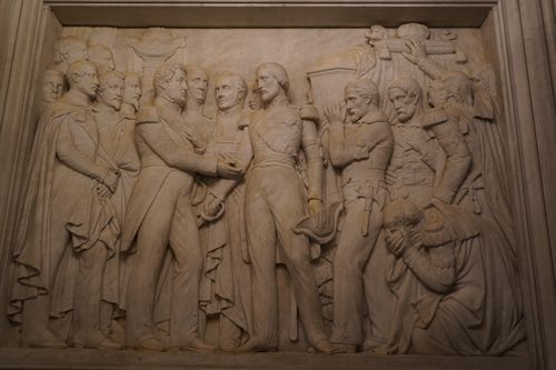 Free Detailed bas relief sculpture depicting historical figures, captured indoors in Paris. Stock Photo