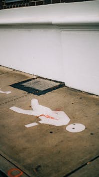 Chalk outline street art depicting a figure on city pavement near a manhole cover.