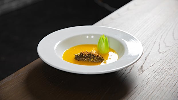 Elegant dessert featuring mango puree with unique garnish on a white plate.