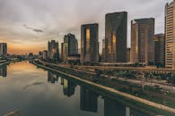 黄昏时分，现代摩天大楼的天际线倒映在河中，构成一幅宁静的城市景观