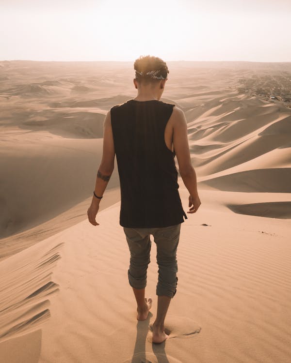 Mặt Sau ảnh Về Người đàn ông đi Bộ Trên Cát Trong Sa Mạc