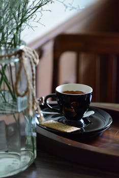 A warm, inviting indoor coffee setup with a black cup, biscuit, and floral decor.