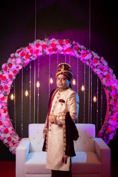 Indian groom in traditional attire standing under floral halo at wedding ceremony.