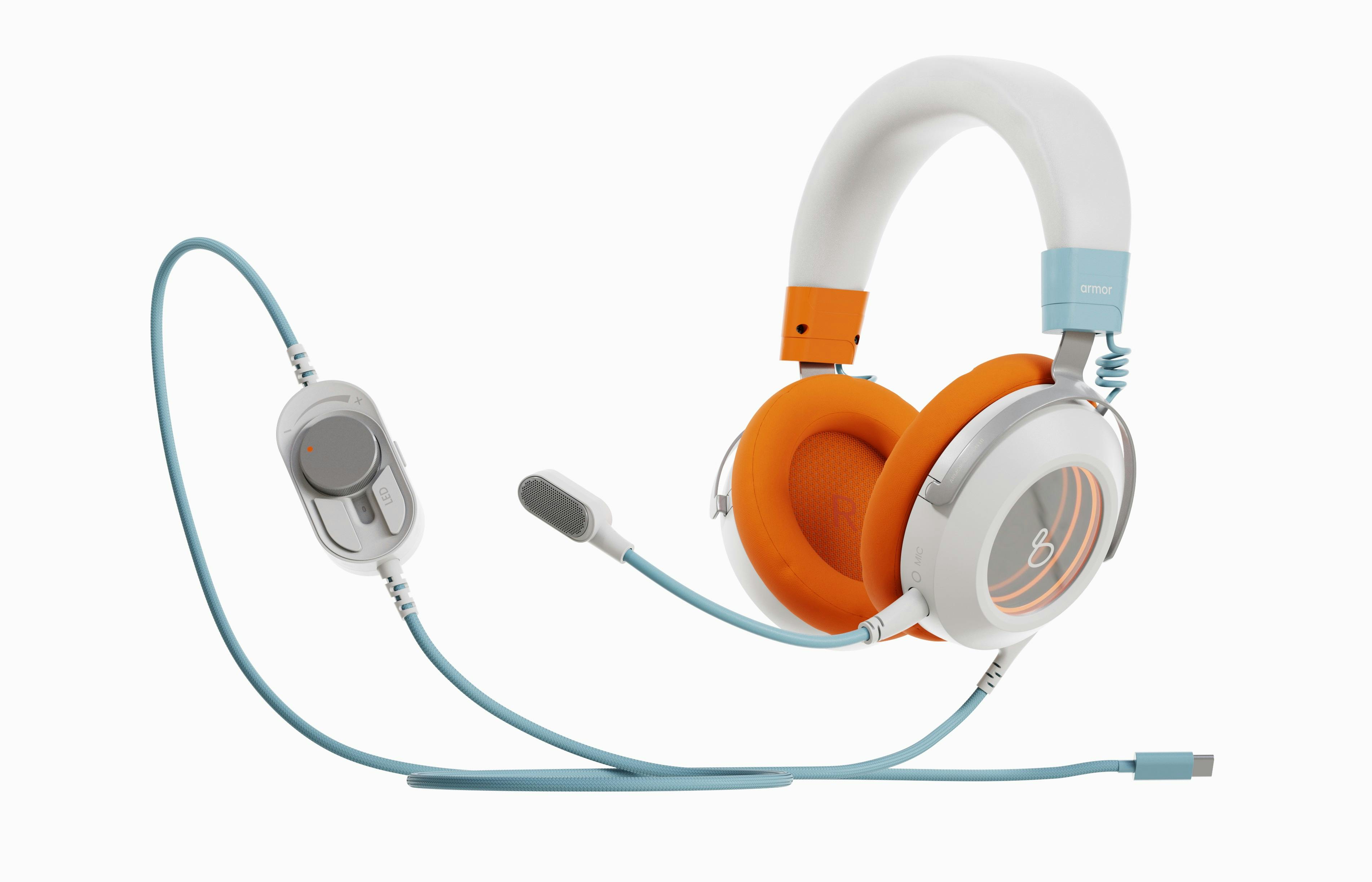 Close-up of white and orange headphones with a wired mic, sleek design ideal for high-quality sound.