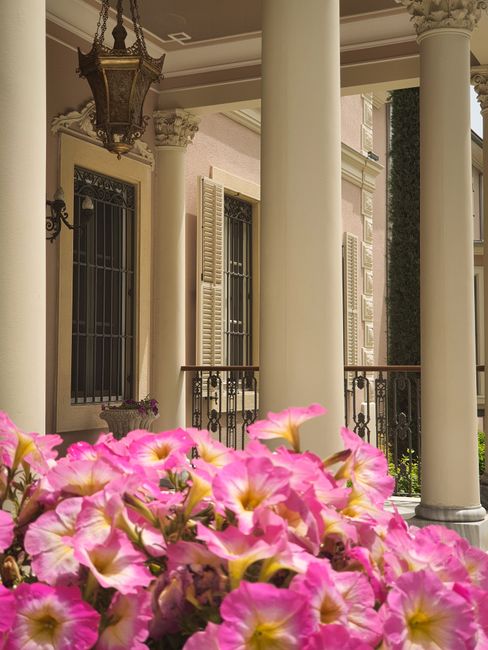 Classic mansion facade with vibrant pink petunias in the foreground.