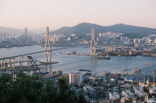 Free Scenic view of Busan harbor and cityscape with a prominent cable-stayed bridge at sunrise. Stock Photo