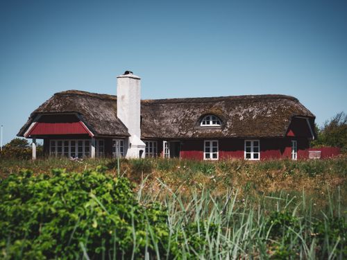 Free A picturesque red thatched house in Denmark surrounded by lush greenery under a clear blue sky. Stock Photo