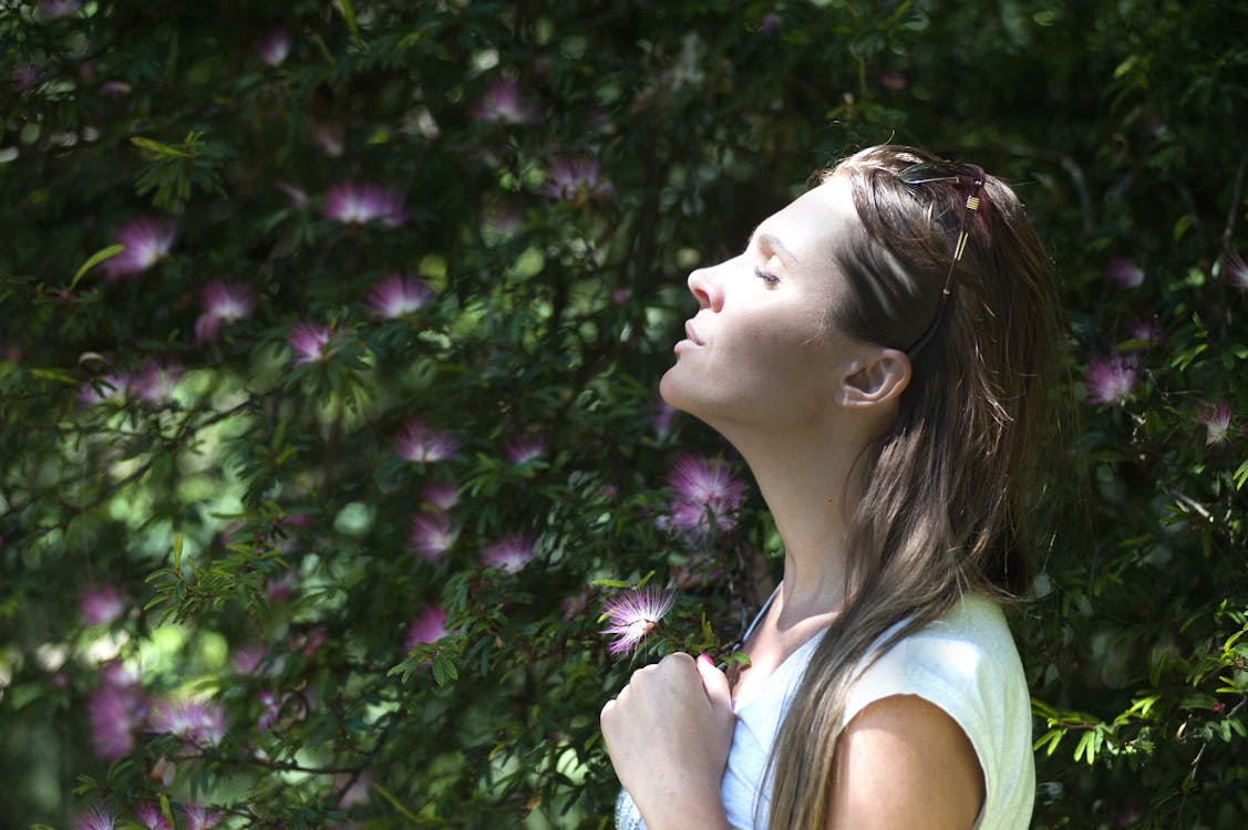 紫色の花びらの顕花植物の近くに立っている太陽の光に対して目を閉じる女性