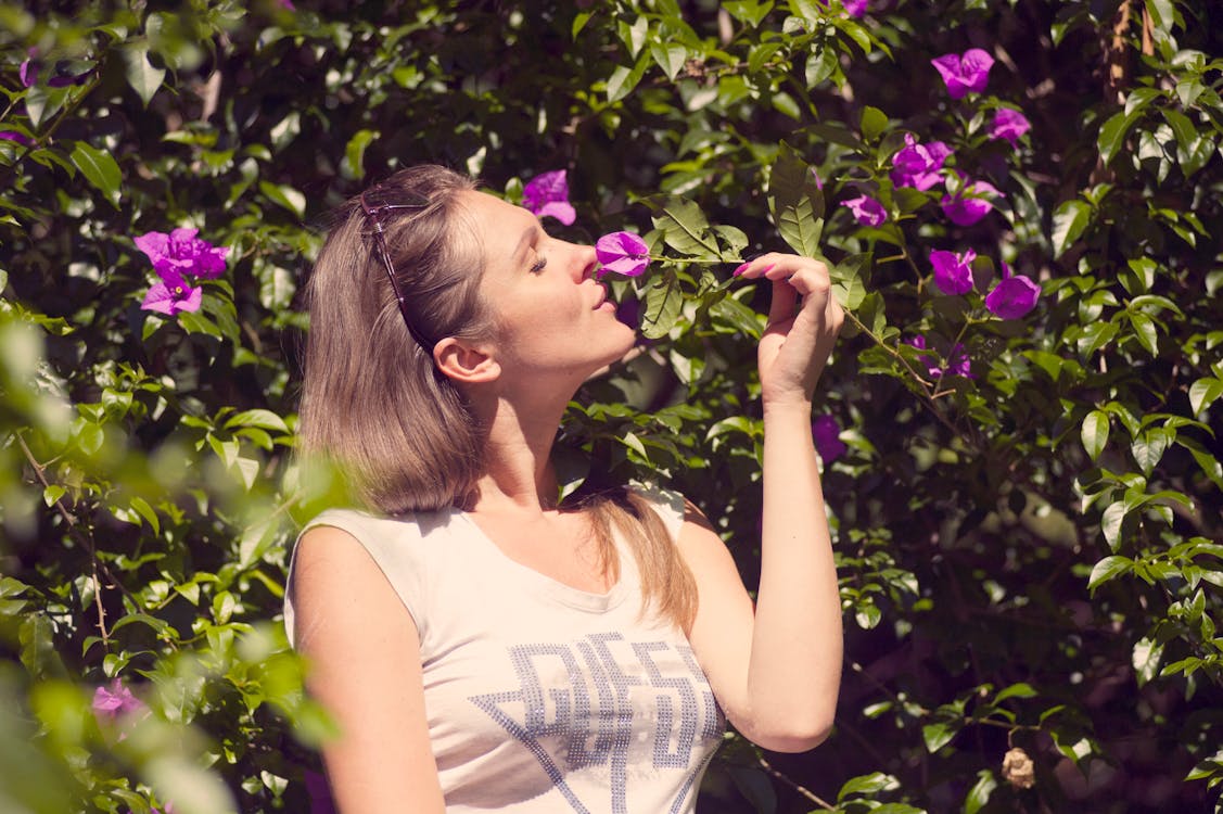 бесплатная Женщина нюхает цветок Стоковое фото