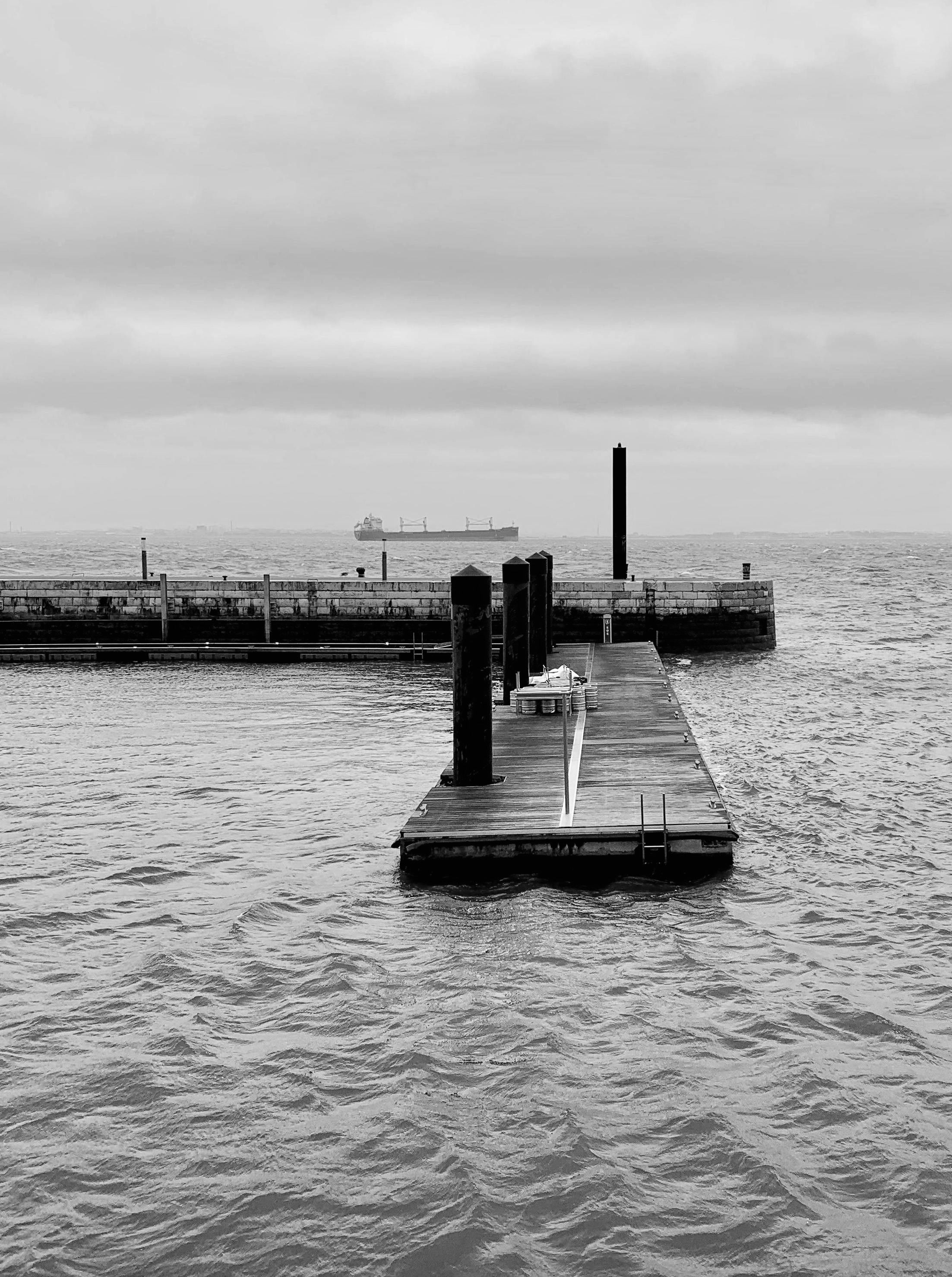 Serene Black and White Ocean Dock Scene · Free Stock Photo