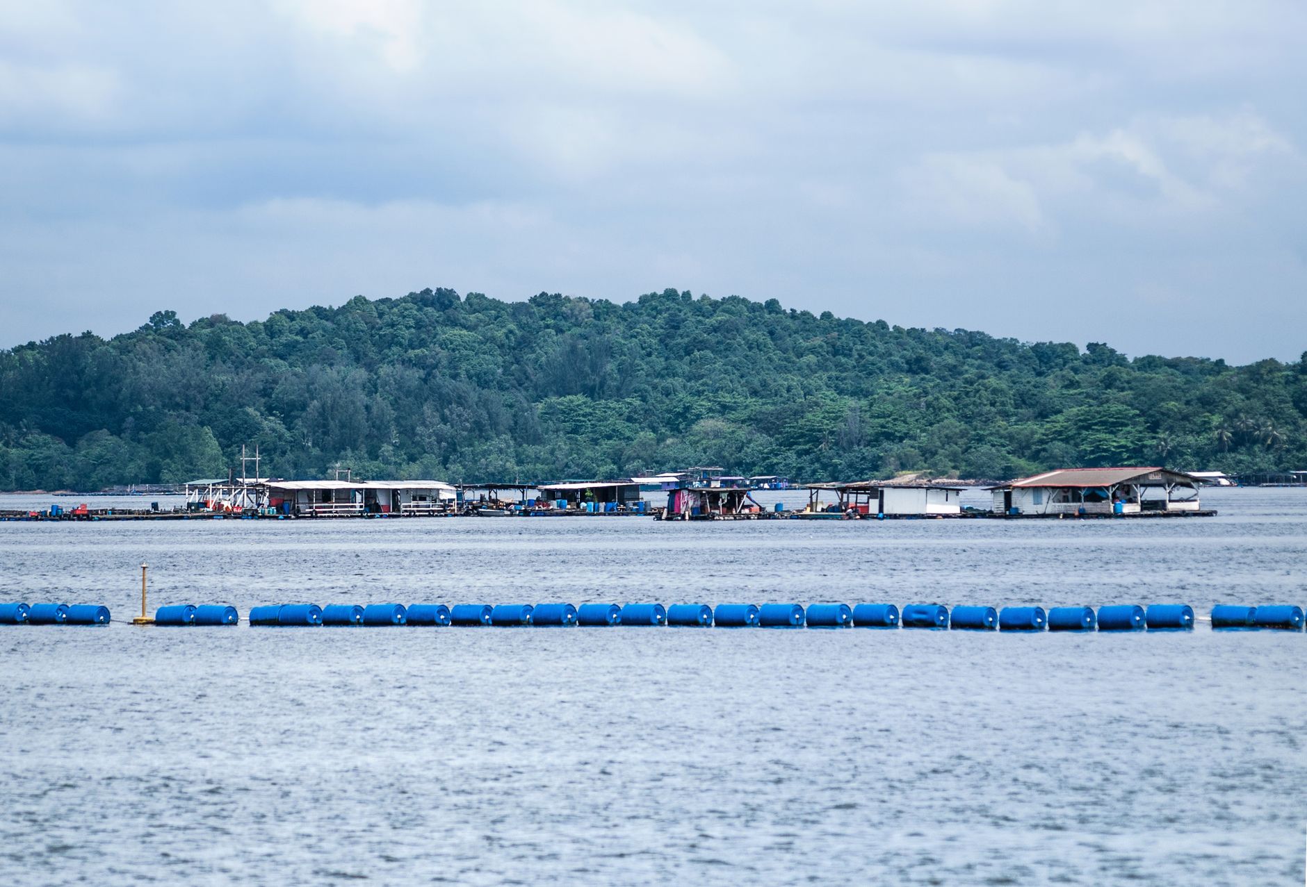 A picturesque view of traditional kelongs on the sea near Pasir Ris, Singapore, under a cloudy sky.