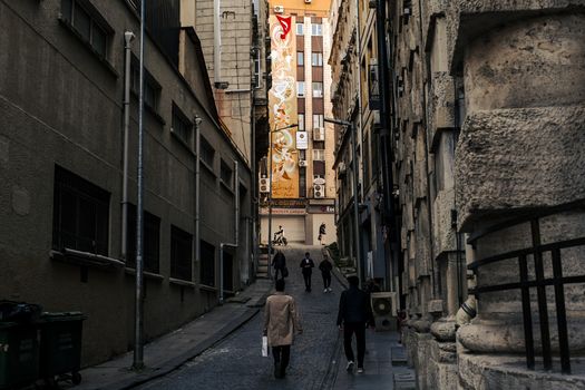 A narrow alley in İstanbul, Türkiye, showcasing people and urban art in a historic setting.