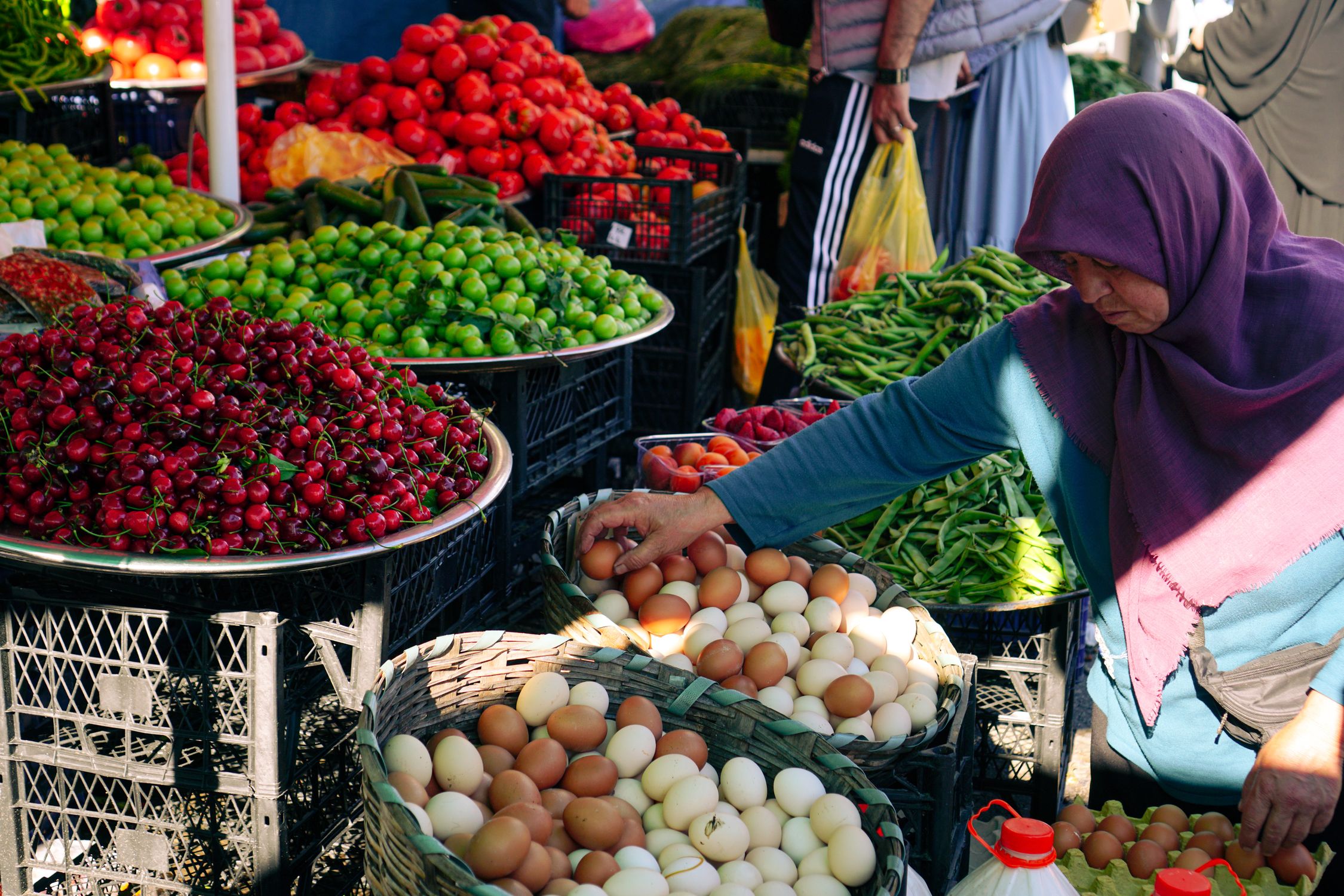 Local Market Examples Vibrant Local Market Scene with Vegetables and Eggs · Free Stock Photo