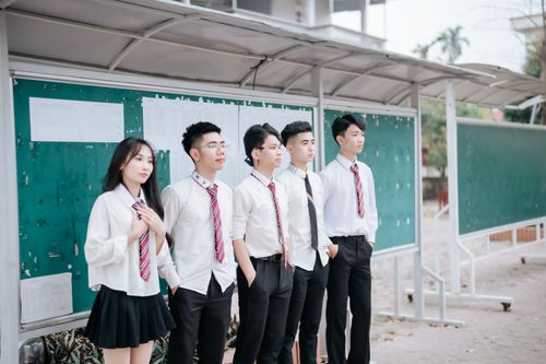 Free A group of students in uniform standing by the school bulletin board outdoors. Stock Photo