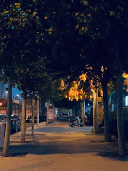 A serene city street at night illuminated by glowing lanterns. Perfect urban scene with a tranquil mood.