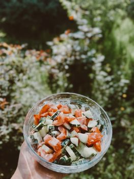 Colorful vegetable salad in a glass bowl outdoors with a blurred garden background.