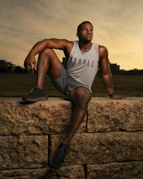 日落时分，一位健身模特坐在德克萨斯州奥斯汀的石墙上，展现着力量与风格