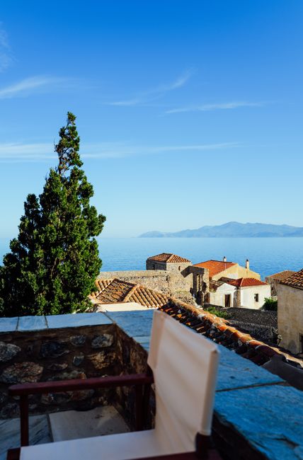 Charming Mediterranean village with sea view, vibrant rooftops, and a secluded terrace.