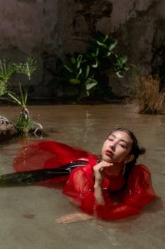 Stylish editorial fashion portrait with model in red dress by water, exuding elegance.