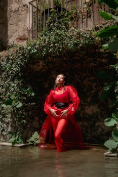 Striking fashion editorial with model in vibrant red attire, surrounded by greenery and water.