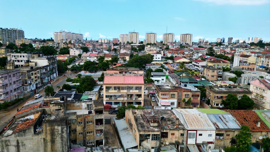 Aerial perspective of residential buildings in Maputo, Mozambique showcasing urban architecture and cityscape.