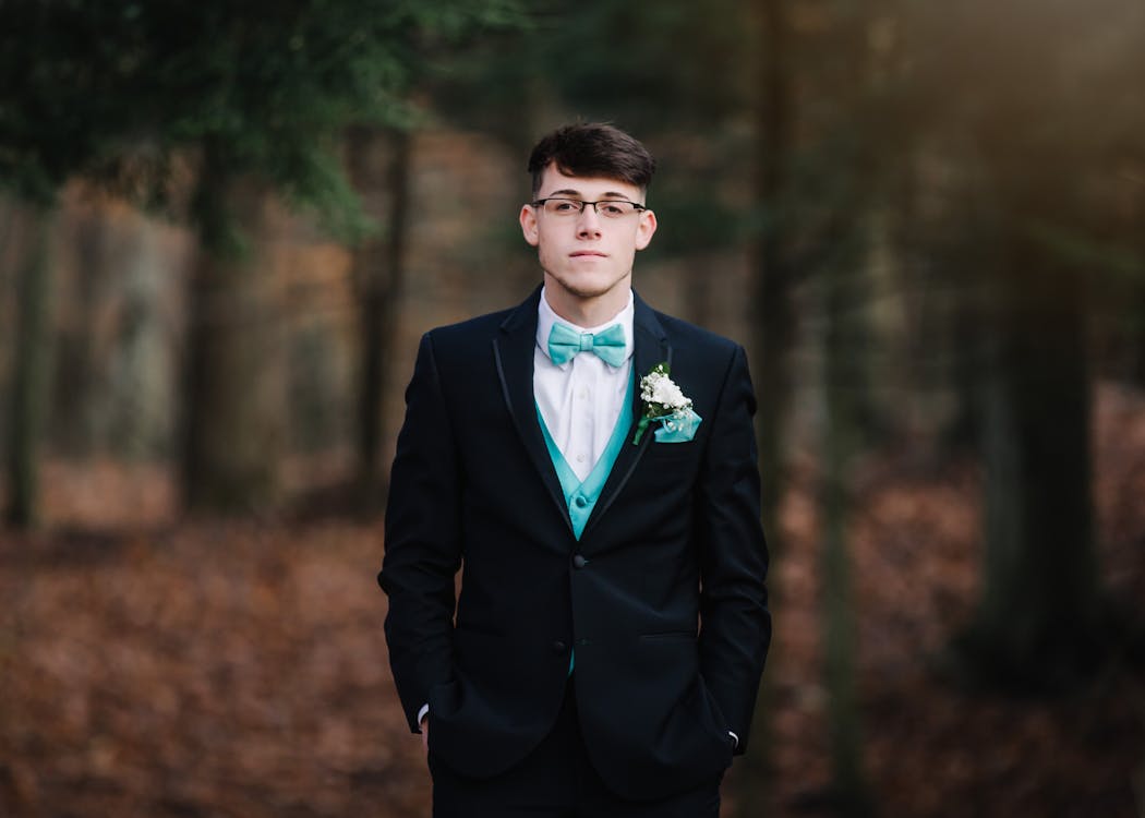 Free Man Wearing Black Suit Jacket With Teal Bowtie Stock Photo