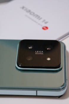 Detailed photo of a smartphone featuring Leica camera lens, highlighting sleek design.
