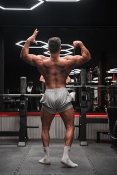 Male bodybuilder showcasing back muscles in a modern gym setting.