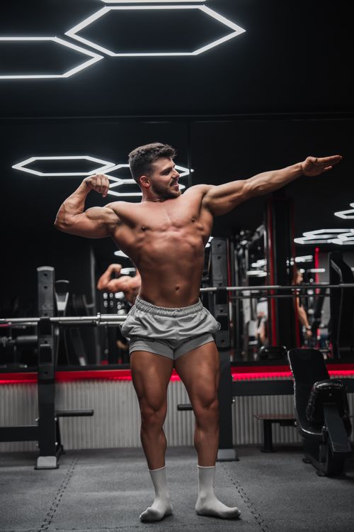 Free Athletic man showcasing muscles in a stylish gym setting, highlighting fitness and strength. Stock Photo