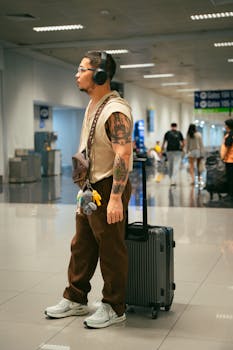 Tattooed man in airport, standing with luggage and wearing headphones, looking thoughtful.