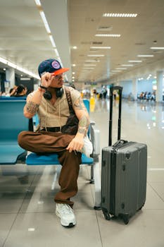Stylish traveler sitting in airport terminal with suitcase, wearing headphones and baseball cap.
