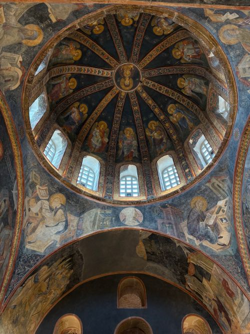 Free Stunning Byzantine dome featuring vibrant frescoes of religious figures and intricate details. Stock Photo
