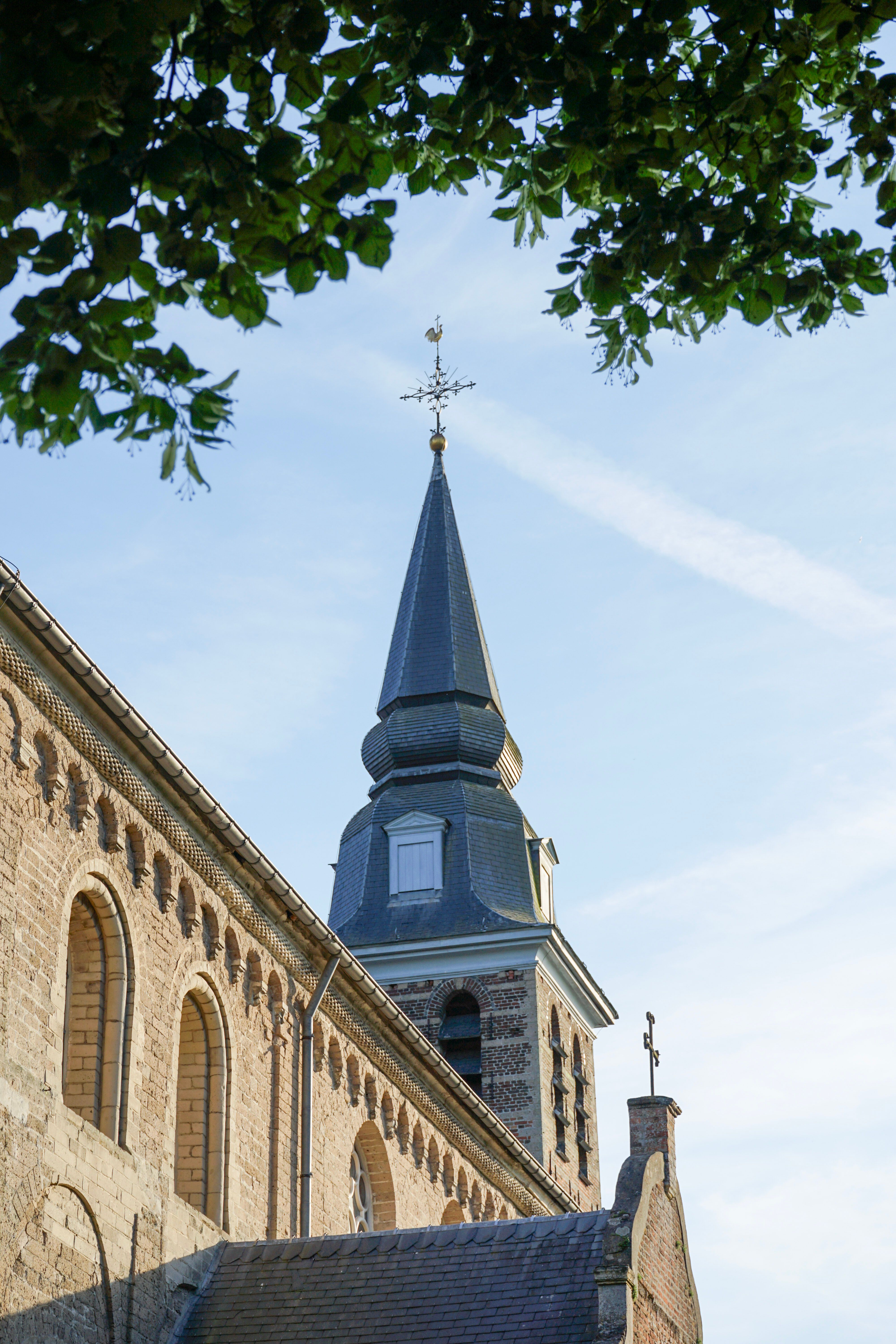 A historic church steeple reaching towards a clear blue sky with surrounding trees.