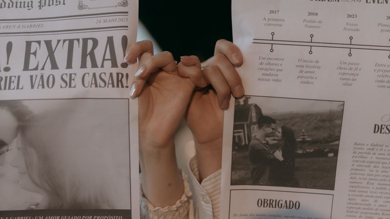 A couple's hands holding newspapers with romantic headlines, creating a vintage mood.