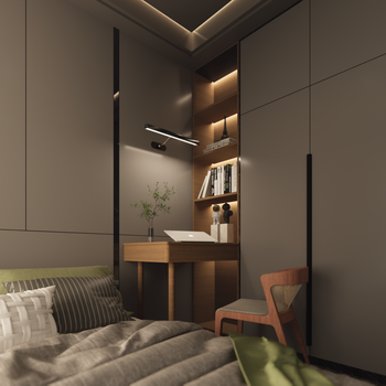 Stylish minimalist bedroom featuring a cozy workspace with soft lighting and modern decor.