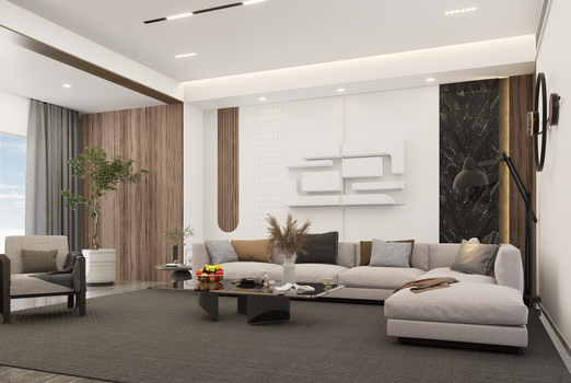 Elegant living room with a stylish sofa and decor in a modern setting.