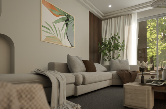 Elegant minimalist living room with beige sofa, plants, and modern decor.