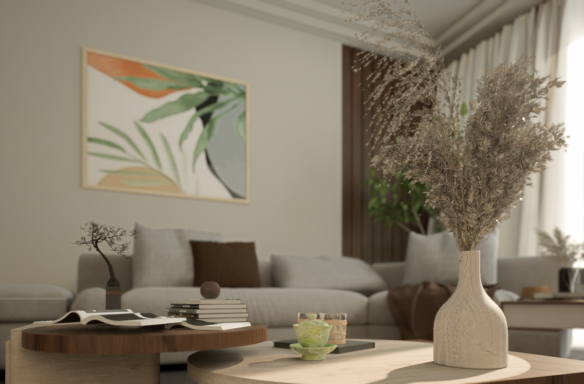 Relaxed modern living room with warm neutral furniture and refined decor
