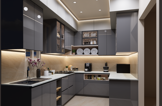 Stylish modern kitchen featuring sleek gray cabinets and under-cabinet lighting.
