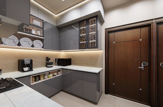 Contemporary kitchen with sleek cabinets and modern appliances.