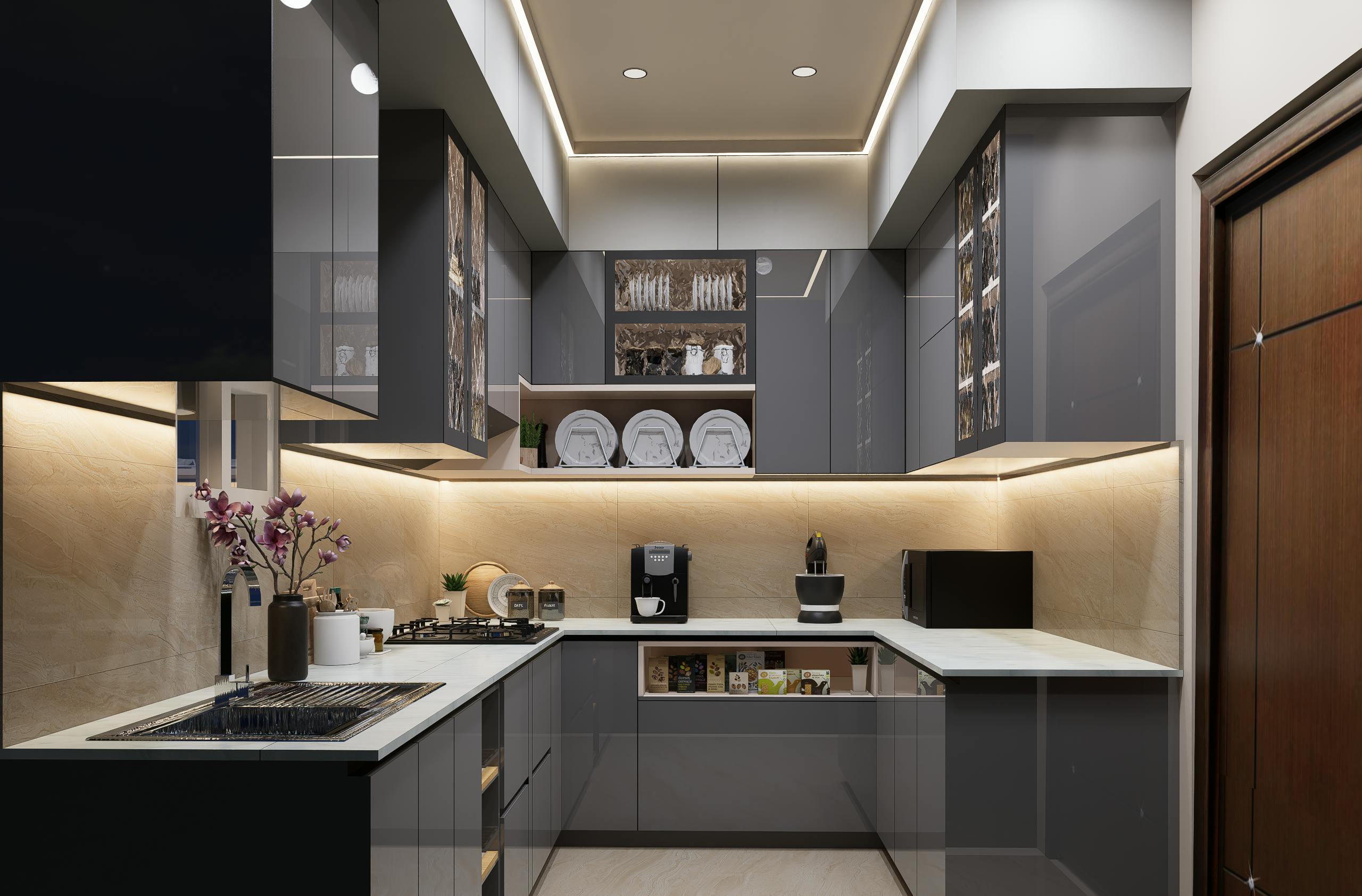 Kompakte, helle Küche mit Holzarbeitsplatte, Unterbauleuchten und aufgeräumter Arbeitszone in Beige